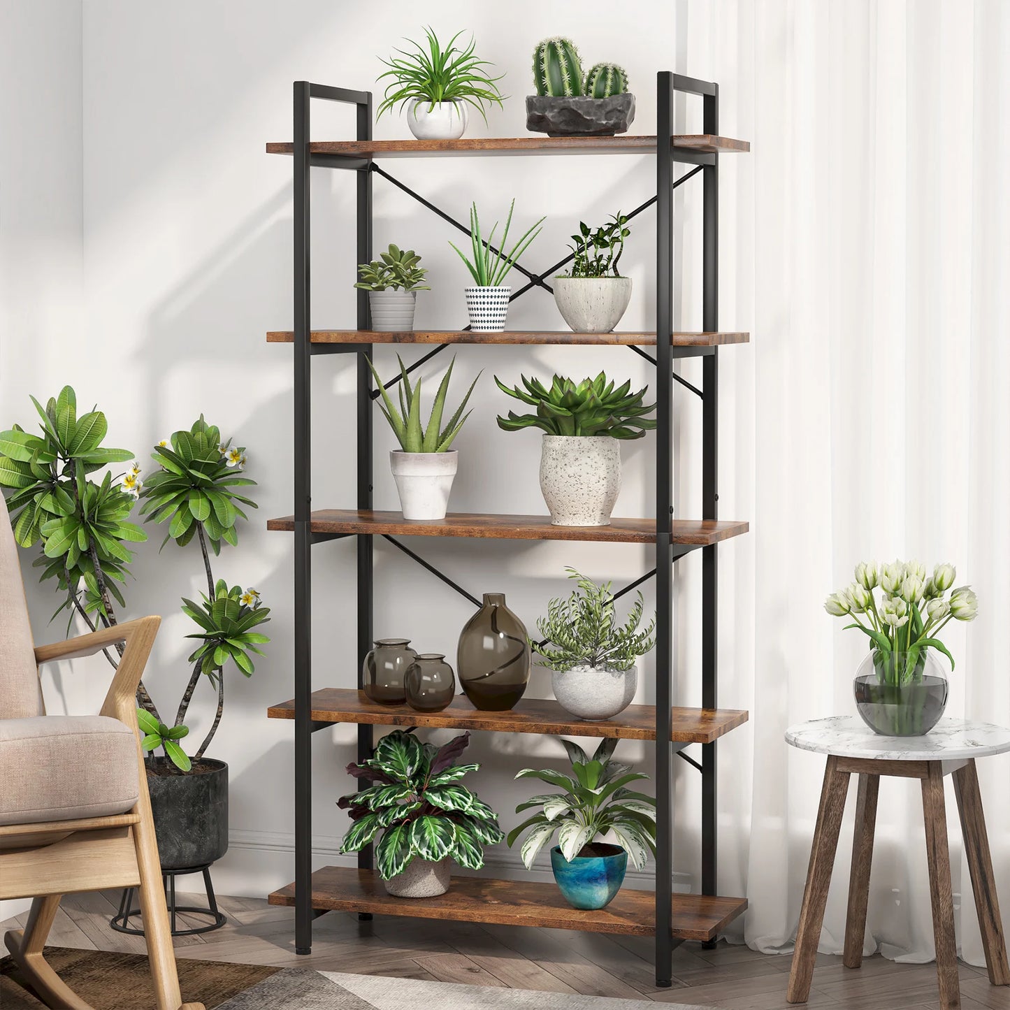 MonoWood 5 Tier Bookshelf, Industrial Etagere Bookcase with Metal Frame, Rustic Tall Book Shelf Unit for Living Room