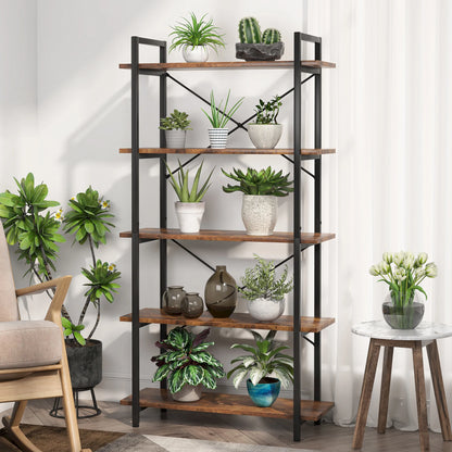 MonoWood 5 Tier Bookshelf, Industrial Etagere Bookcase with Metal Frame, Rustic Tall Book Shelf Unit for Living Room