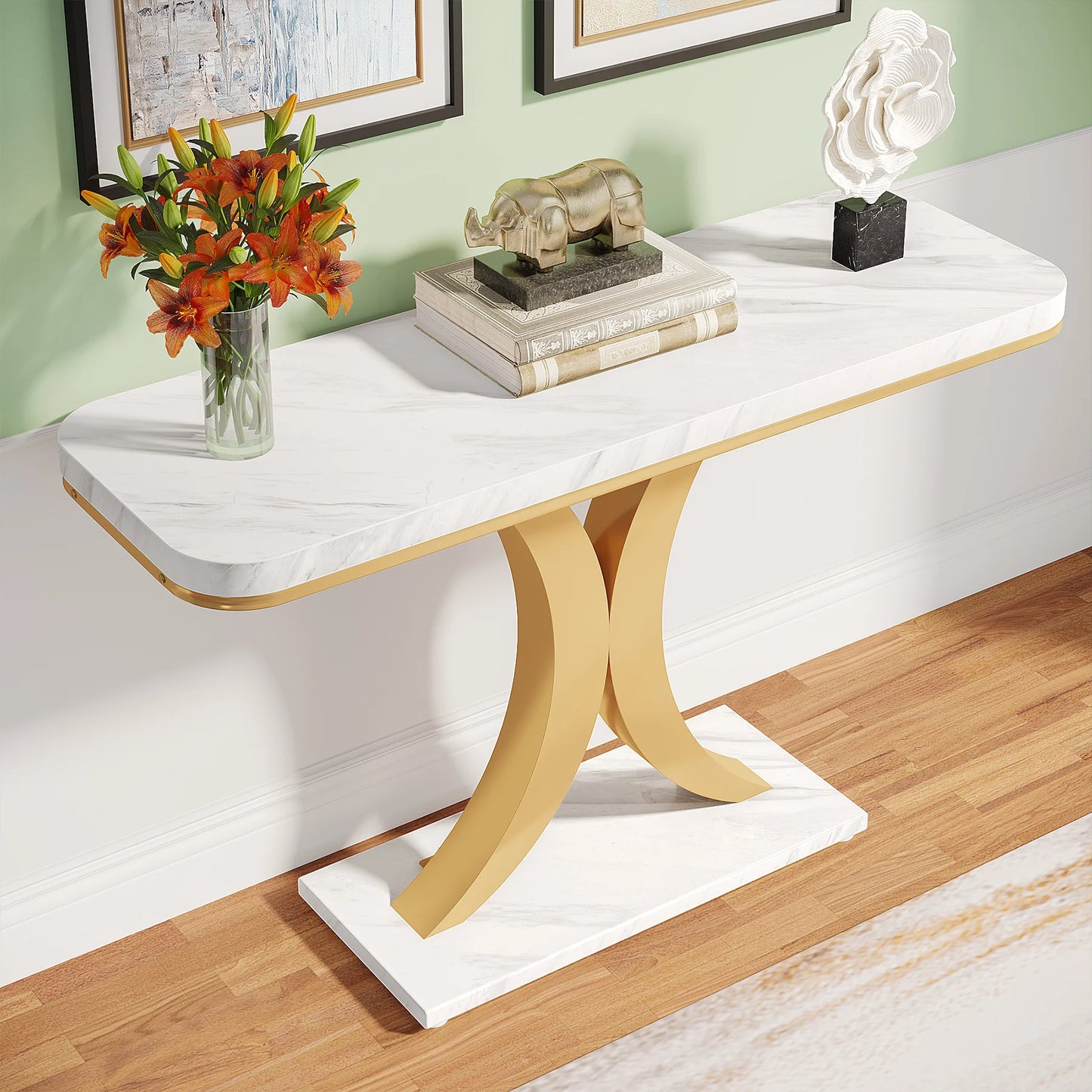 MonoWood Modern Gold Console Table, 40 inch Narrow Entryway Foyer Table with Geometric Base, Rustic Hallway Accent Table