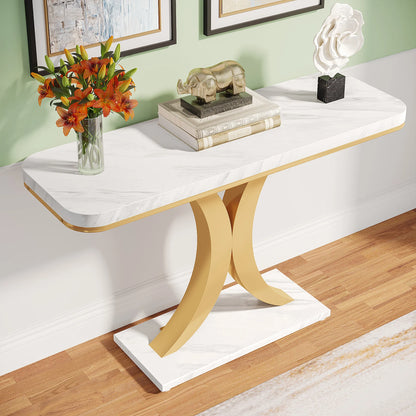 MonoWood Modern Gold Console Table, 40 inch Narrow Entryway Foyer Table with Geometric Base, Rustic Hallway Accent Table