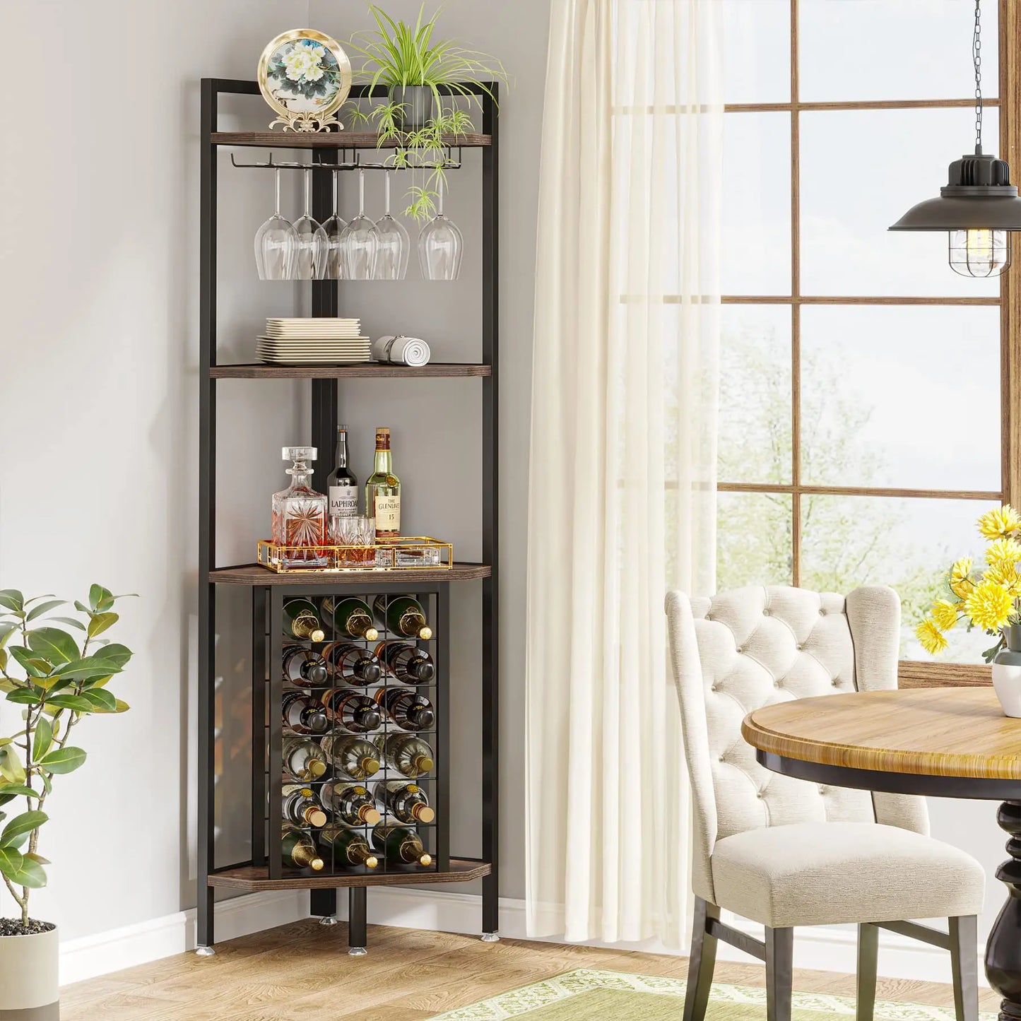 MonoWood Wine Rack Bar Cabinet 4 Tier Corner Shelf with Glass Holder