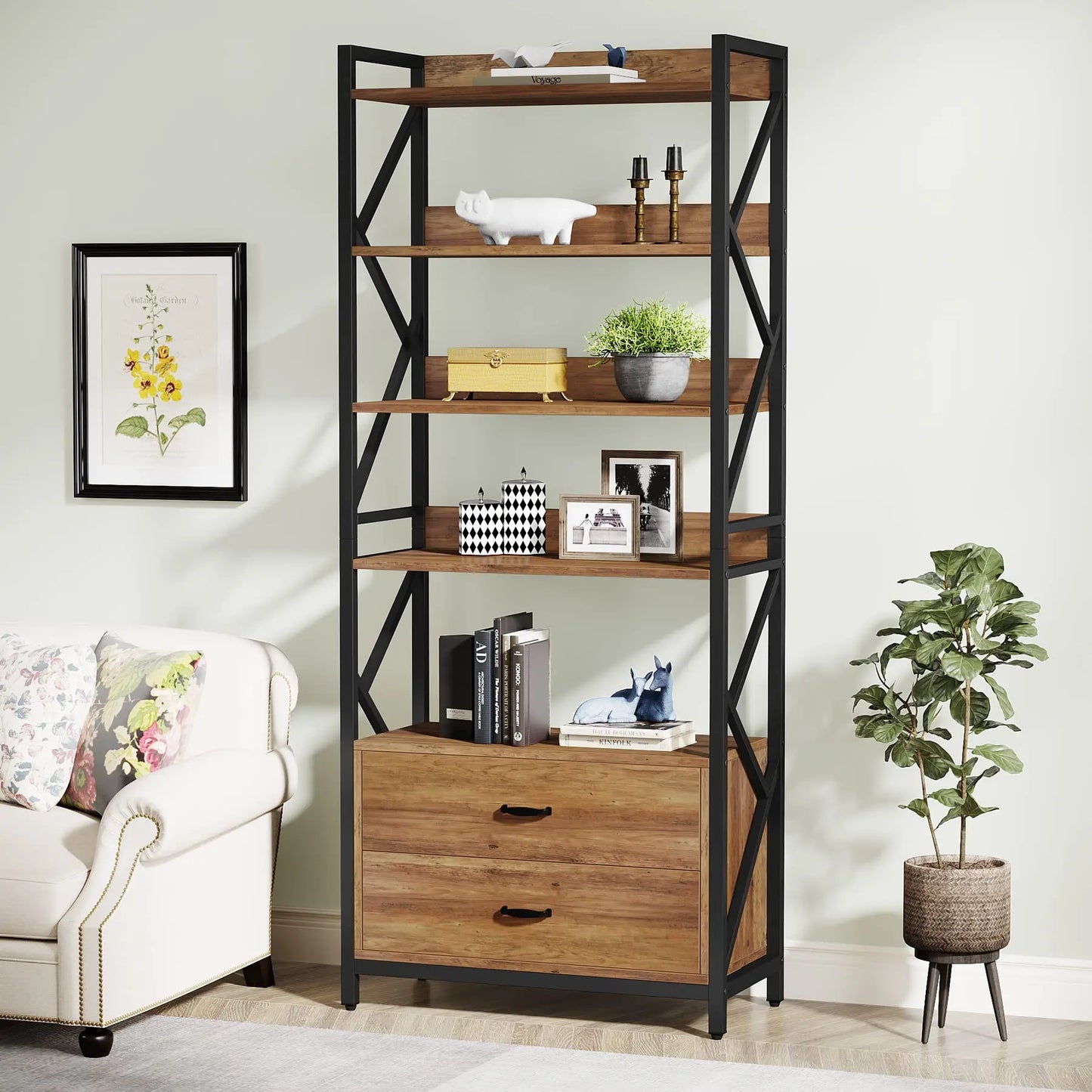 MonoWood Bookshelf with 2 Drawers, 70.8" Industrial Bookcase Bookshelf, 5 Shelf Open Shelf for Storage, Wood Book Shelf for Li