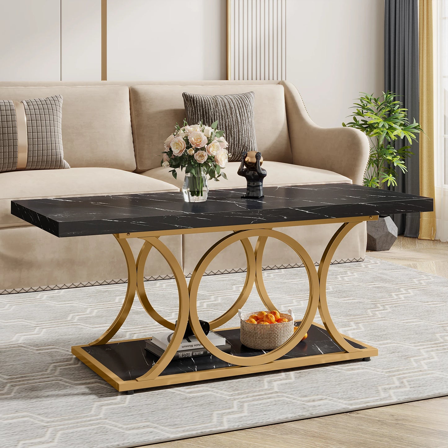MonoWood Rectangle Coffee Table, 47.24-inch Modern Coffee Tables for Living Room, 2-Tier Faux Marble Wood Coffee Table