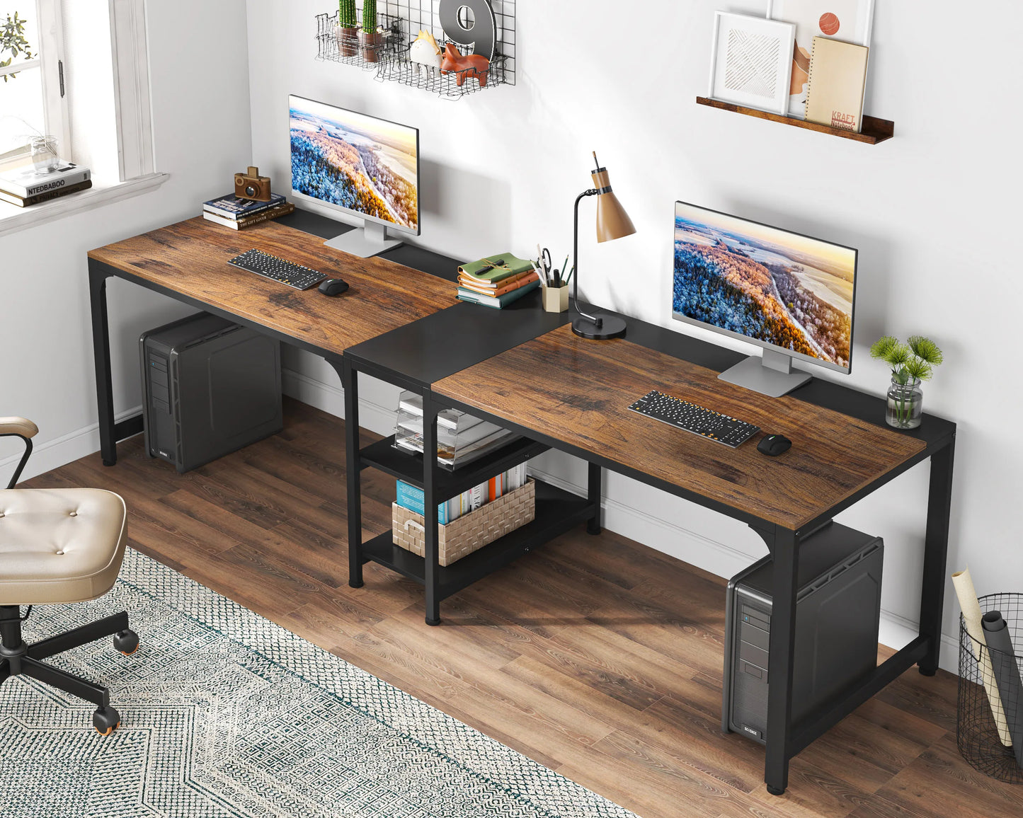 MonoWood 90.55'' 2 Person Desk with Storage Shelves, Double Computer Desk with Spacious Desktop, Extra Long Study Writing Tabl