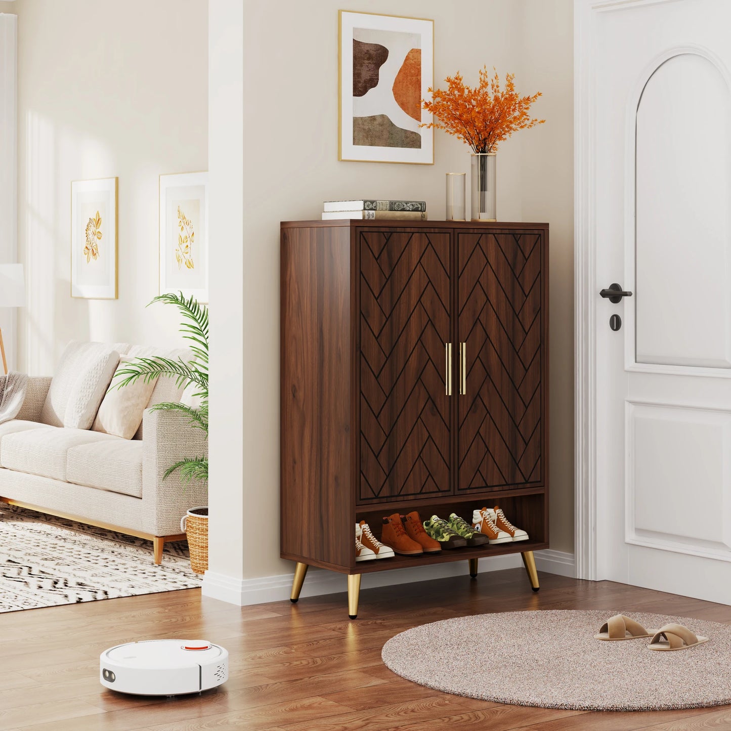 MonoWood 6-Tier Shoe Cabinet with Doors, Walnut Wooden Shoe Storage Cabinet with Adjustable Shelves for Entryway