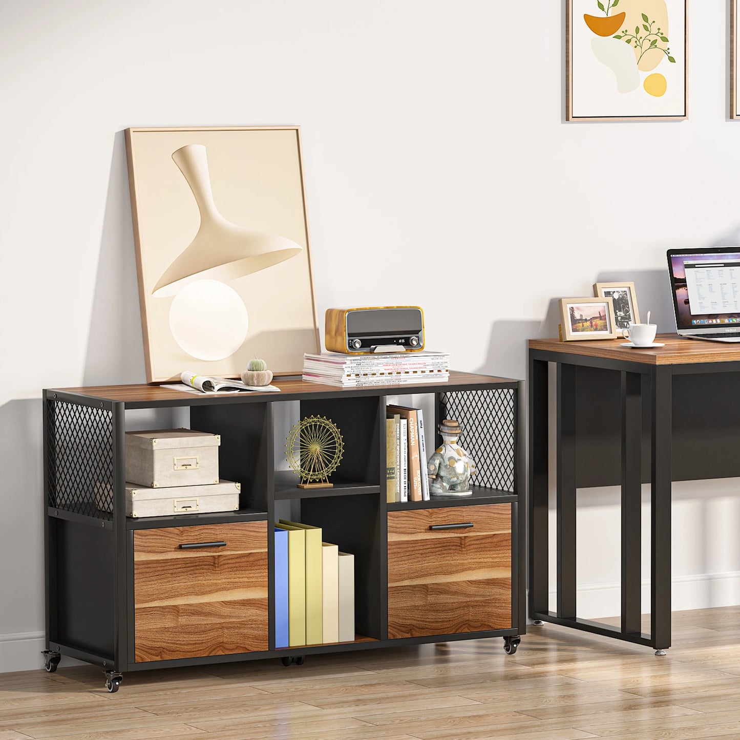 MonoWood 2 Drawer Wood File Cabinets, Mobile Lateral Filing Cabinet for Letter A4 Size, Printer Stand with Shelves and Drawer