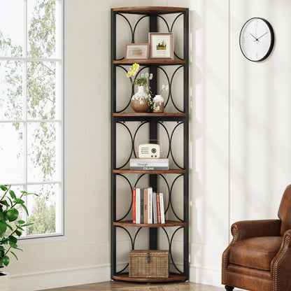 MonoWood 6 Tier Tall Corner Shelf, 61 inch Rustic Corner Bookshelf Storage Rack Standing Shelving Unit