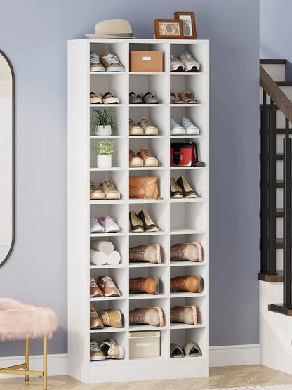 MonoWood 10-Tier Shoe Storage Cabinet, Espresso Wooden Shoe Rack with 30 Cubbies, Freestanding Tall Entryway Shoe Organizer