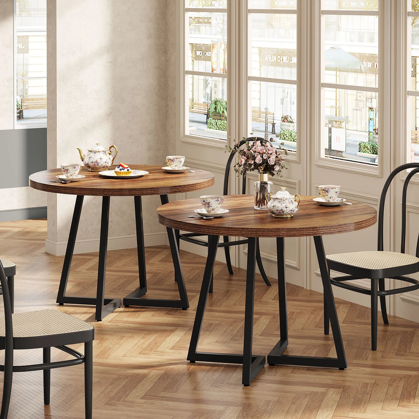 MonoWood Round Dining Table Set of 2, 31.5" Industrial Dinner Table with Metal Base, Wood Kitchen Table for Dining Room