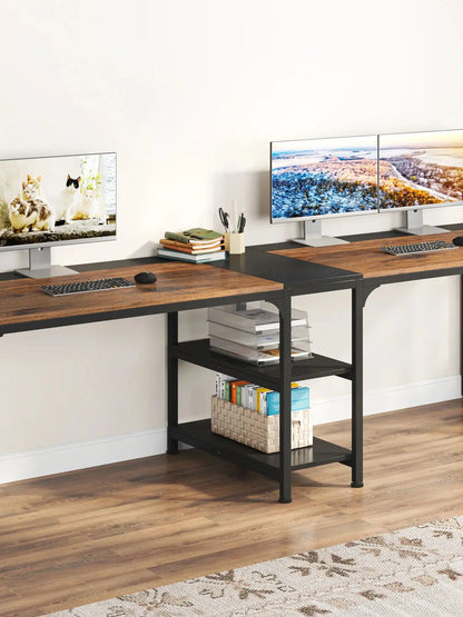 MonoWood 90.55'' 2 Person Desk with Storage Shelves, Double Computer Desk with Spacious Desktop, Extra Long Study Writing Tabl