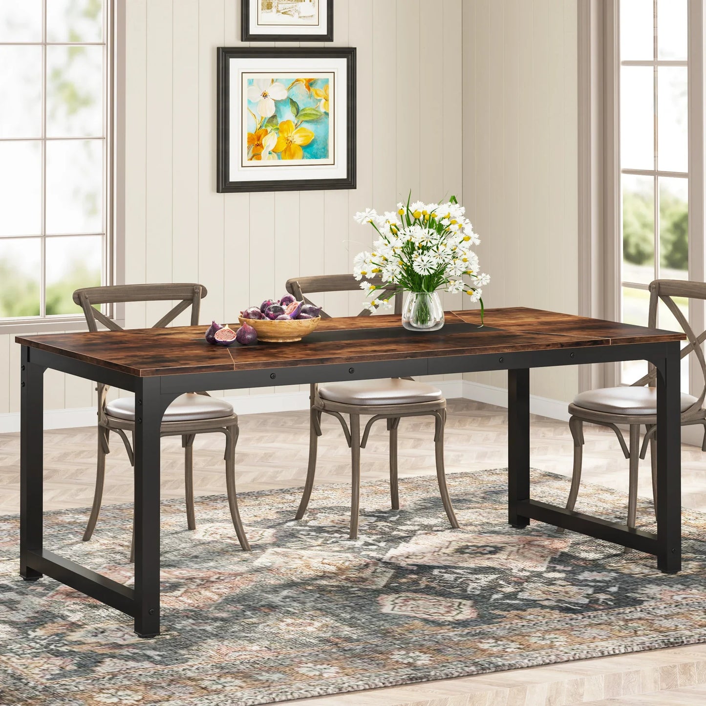 MonoWood Kitchen Modern Industrial Dining Table for 6-8 Person with Metal Frame