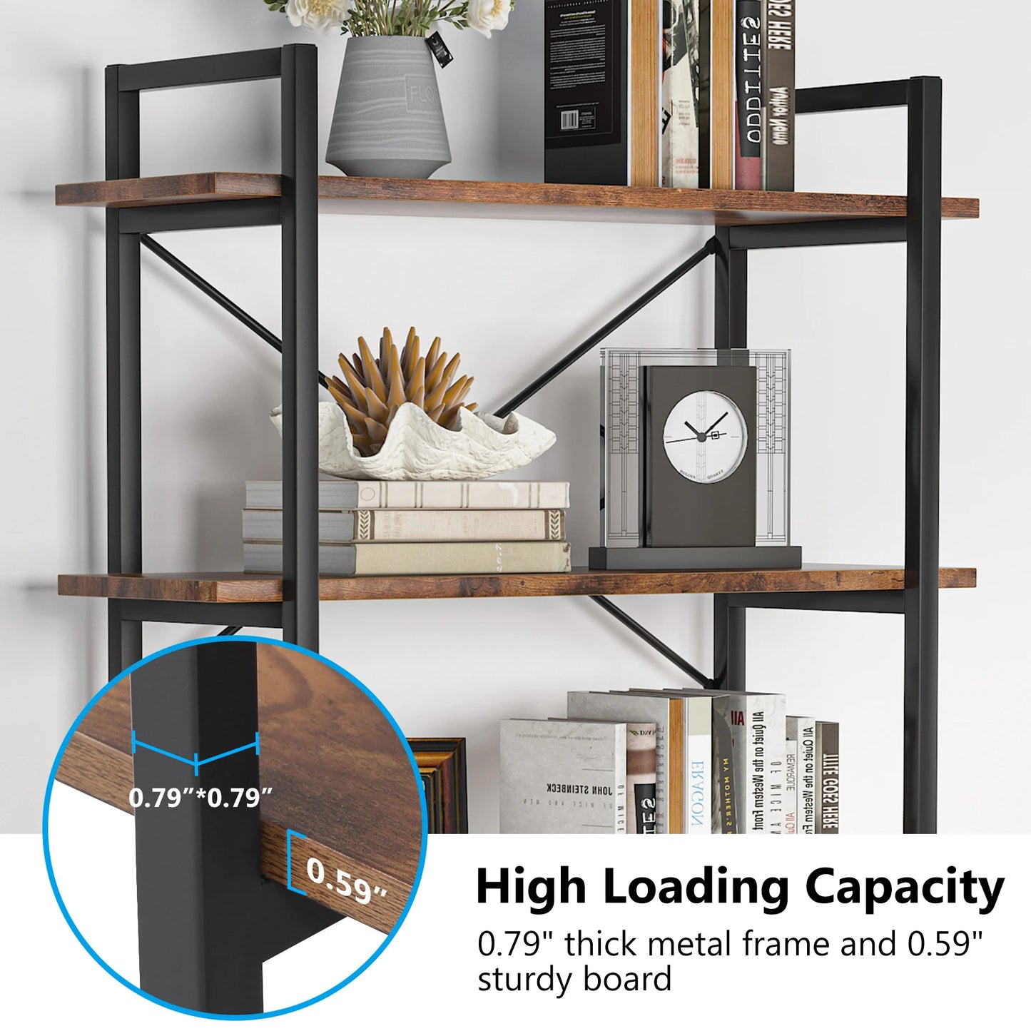 MonoWood 5 Tier Bookshelf, Industrial Etagere Bookcase with Metal Frame, Rustic Tall Book Shelf Unit for Living Room
