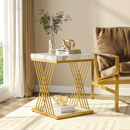 MonoWood Square Side Table White Gold Side Table, 2-Tier End Table Modern Bedside Table Small Side Table