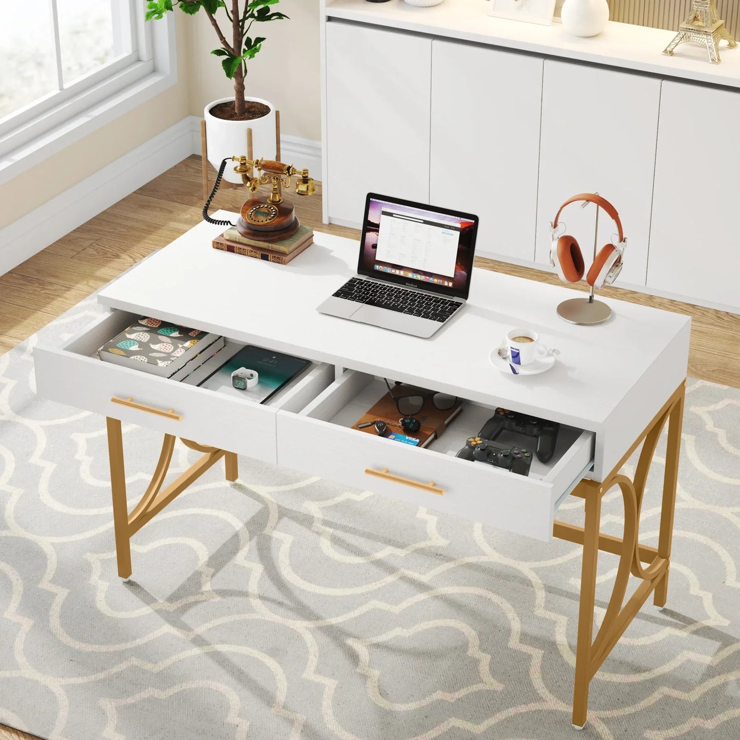 MonoWood 41" Gold Computer Desk with 2 Drawers, Writing Office Desk Modern Makeup Vanity Table Office Desk with Geometric Meta