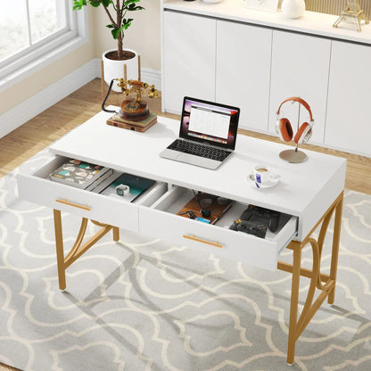 MonoWood 41" Gold Computer Desk with 2 Drawers, Writing Office Desk Modern Makeup Vanity Table Office Desk with Geometric Meta