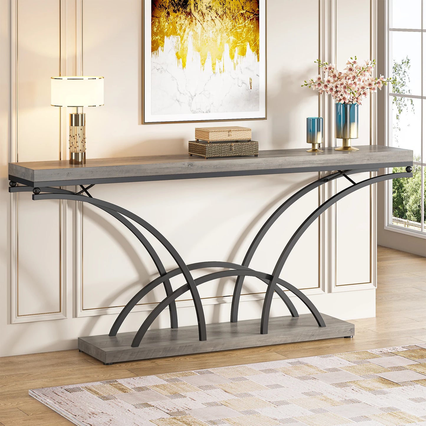 MonoWood 70.9 Inch Extra Long Console Table for Entryway, Gray Sofa Table with Wood Tabletop, Modern Accent Tables
