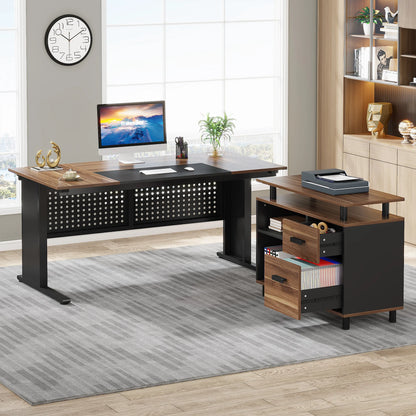 MonoWood 63 Inch Executive Desk with File Cabinet, Large Office Desk L Shaped Computer Desk with Drawers and Storage Shelves