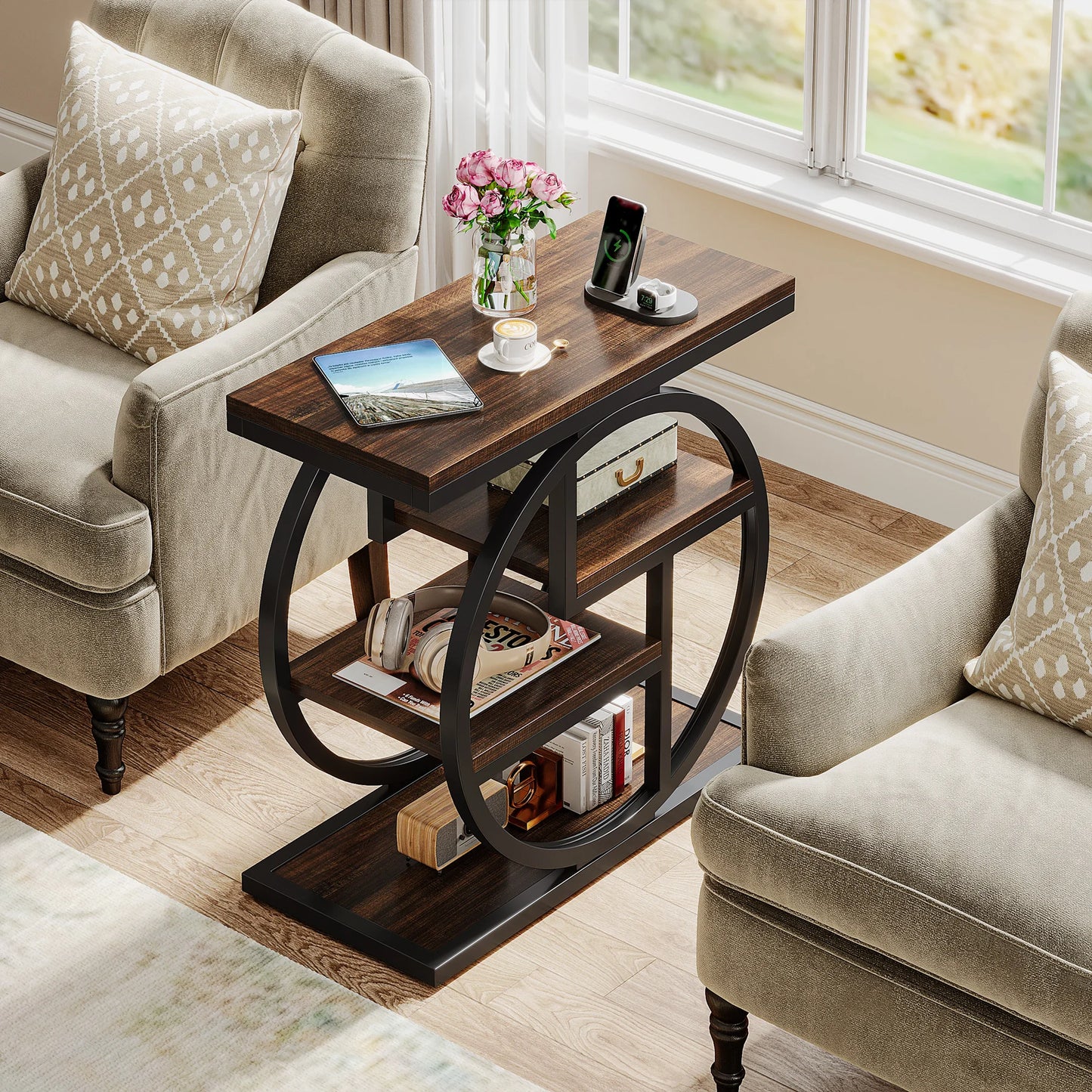MonoWood End Table for Living Room, 4-Tier Narrow Side Table with Storage Shelves, Industrial Bedside Table for Bedroom