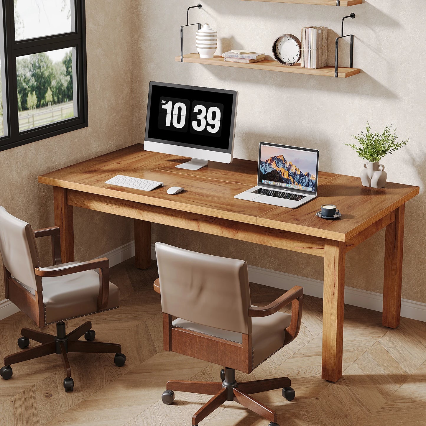 MonoWood 70 Inch Large Desk, Wood Farmhouse Office Computer Desk Writing Study Desk for 1-2 Person, Executive Desk