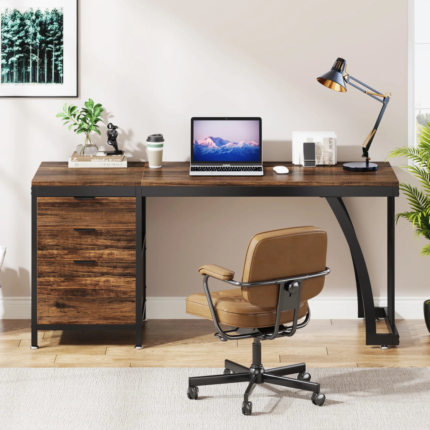 MonoWood Computer Desk with 3 Drawers, 59-Inch PC Desk with Reversible Drawers, Industrial Study Writing Table Workstation