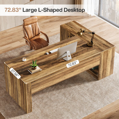MonoWood 72.8" Large Executive Desk with 47.24" Cabinet, Office Desk with Storage Shelves, Farmhouse Wooden L-Shaped Desk