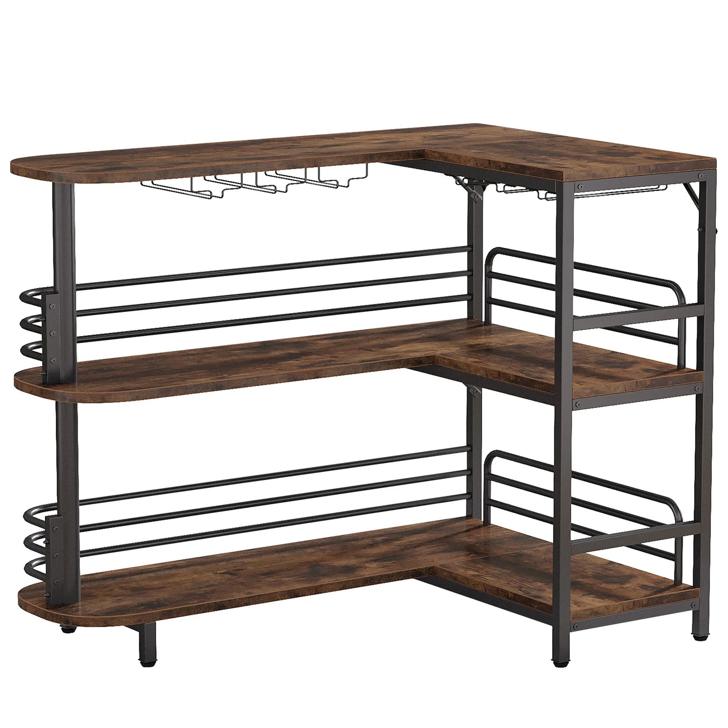 MonoWood L-Shaped Home Bar Unit, 3 Tier Liquor Bar Table with Storage Shelves and Wine Glasses Holder