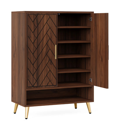 MonoWood 6-Tier Shoe Cabinet with Doors, Walnut Wooden Shoe Storage Cabinet with Adjustable Shelves for Entryway