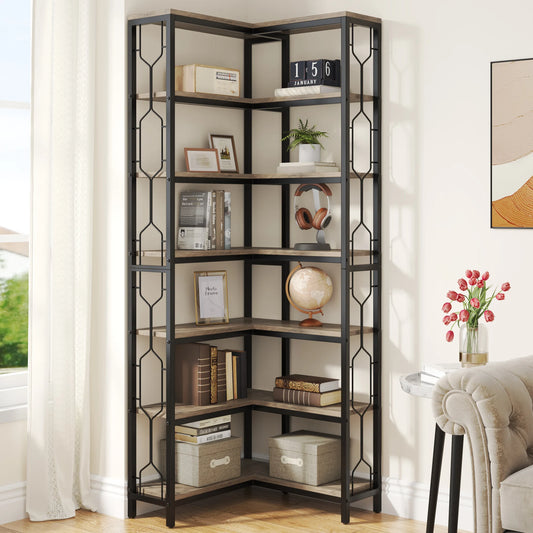MonoWood Corner Shelf, 7-Tier Industrial Corner Bookshelf, Wood and Metal Corner Etagere Bookcase