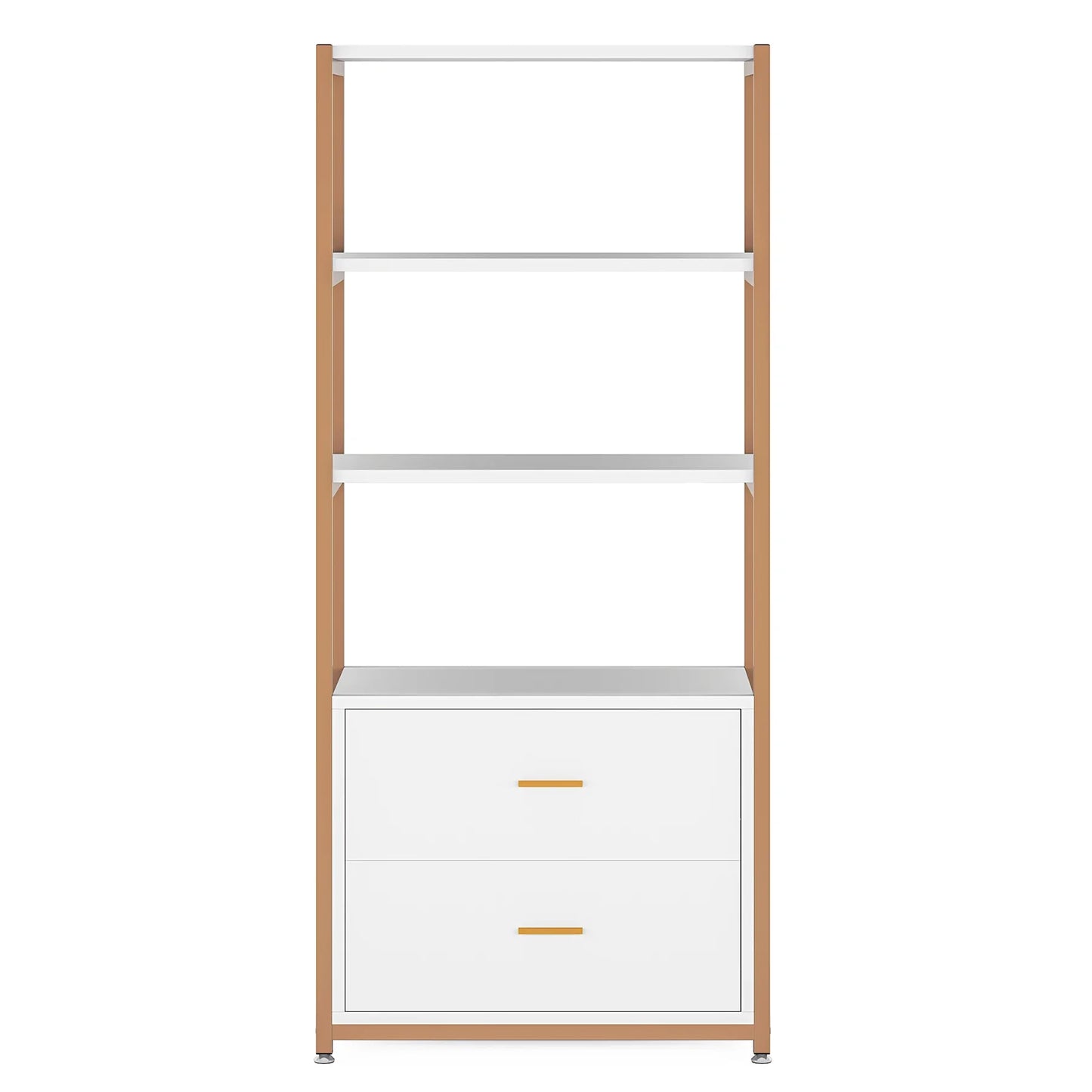 MonoWood Bookcase, 4-Tier Bookshelf with 2 Drawers, Etagere Standard Book Shelves Display Shelf for Home Office (Gold/White)