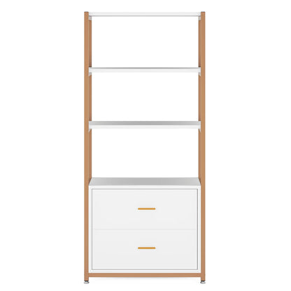 MonoWood Bookcase, 4-Tier Bookshelf with 2 Drawers, Etagere Standard Book Shelves Display Shelf for Home Office (Gold/White)