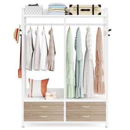 MonoWood Freestanding Closet Organizer for Hanging Clothes, Heavy Duty Garment Rack with Drawers, 8 Hooks and Storage Shelves