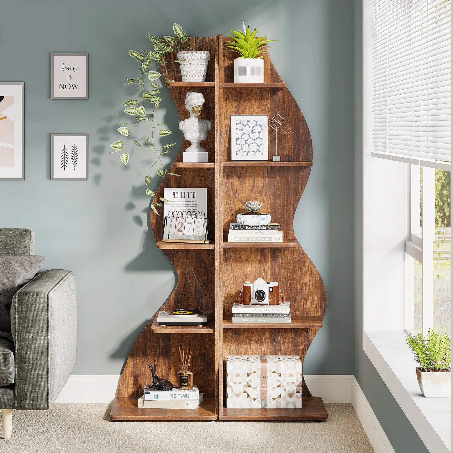 MonoWood Corner Shelf, Rustic 5-Tier Wall Corner Bookshelf, Stylish Corner Small Bookcase Storage Rack Plant Stand with Unique