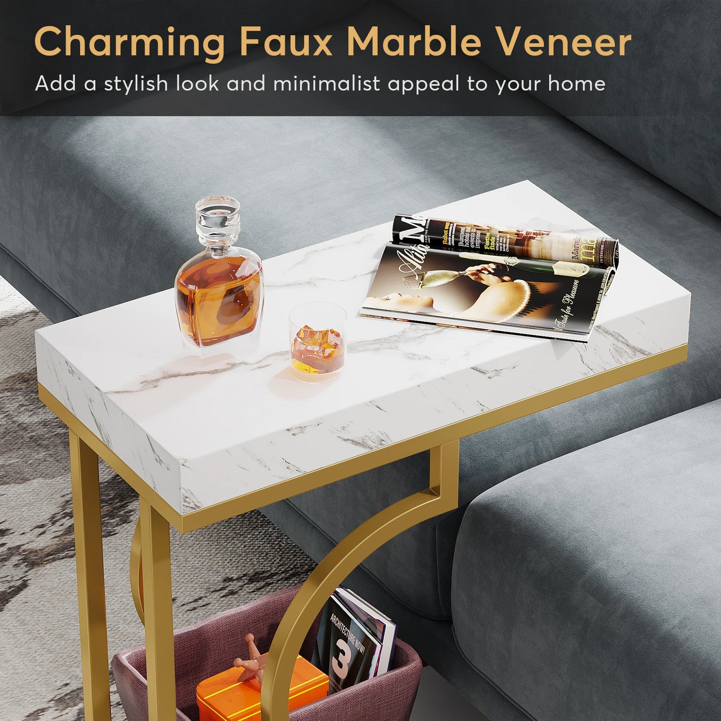 MonoWood Narrow Side Table White Gold Side Table C Shaped End Table Modern Bedside Table Small Side Table for Couch