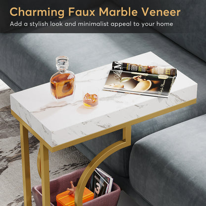 MonoWood Narrow Side Table White Gold Side Table C Shaped End Table Modern Bedside Table Small Side Table for Couch