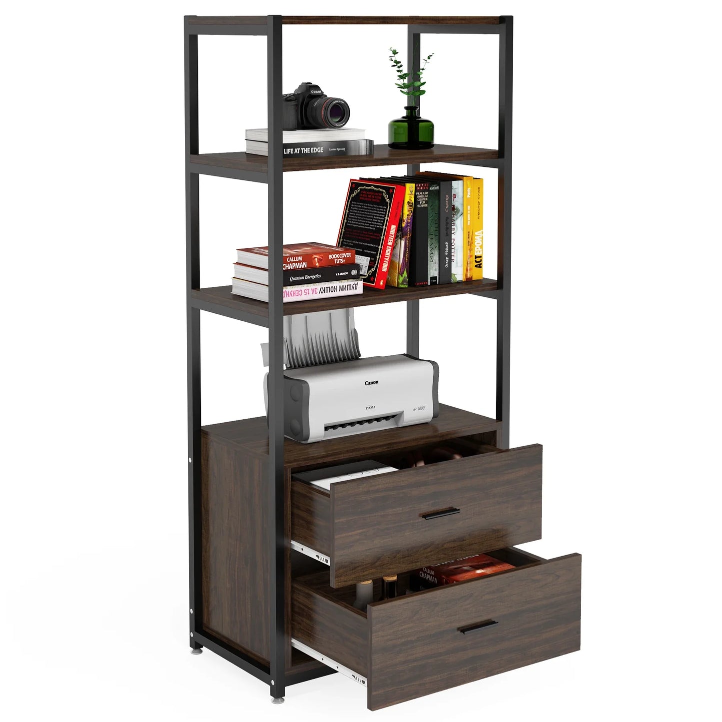 MonoWood Bookcase 4-Tier Rustic Bookshelf with 2 Drawers Etagere Standard Book Shelves Display Shelf