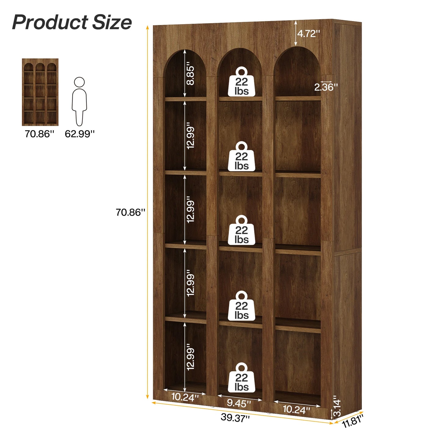 MonoWood70.87" Bookshelf, 5-Tier Arched Display Bookcase with Open Storage Shelves, Vintage Tall Bookshelves Organizer