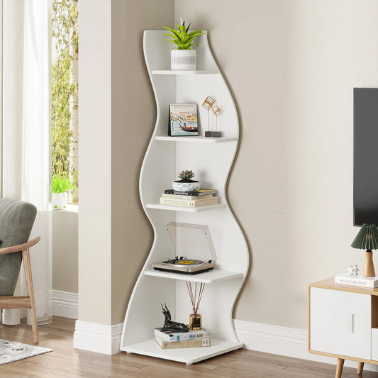 MonoWood 5-Tier Corner Shelf, Modern Wall Corner Bookshelf, Stylish Corner Small Bookcase Storage Rack Plant Stand