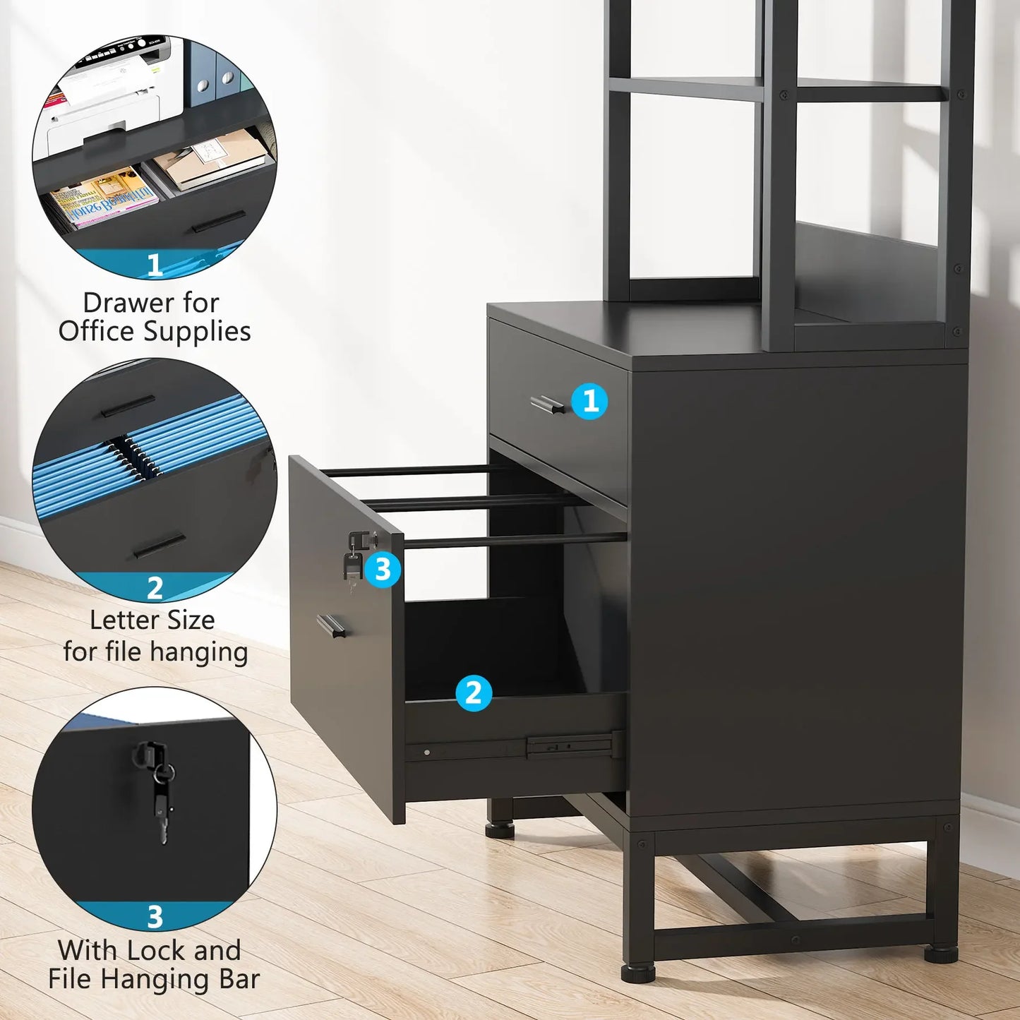 MonoWood 2 drawer vertical wood file cabinet with lock and bookshelf letter size large modern filing cabinet printer stand
