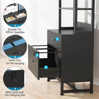MonoWood 2 drawer vertical wood file cabinet with lock and bookshelf letter size large modern filing cabinet printer stand