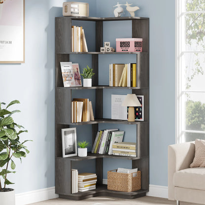 MonoWood 6-Shelf Corner Bookshelf, 6-Tier Tall Bookcase with Baffles, Multifunctional Book Shelves Storage Display Stand