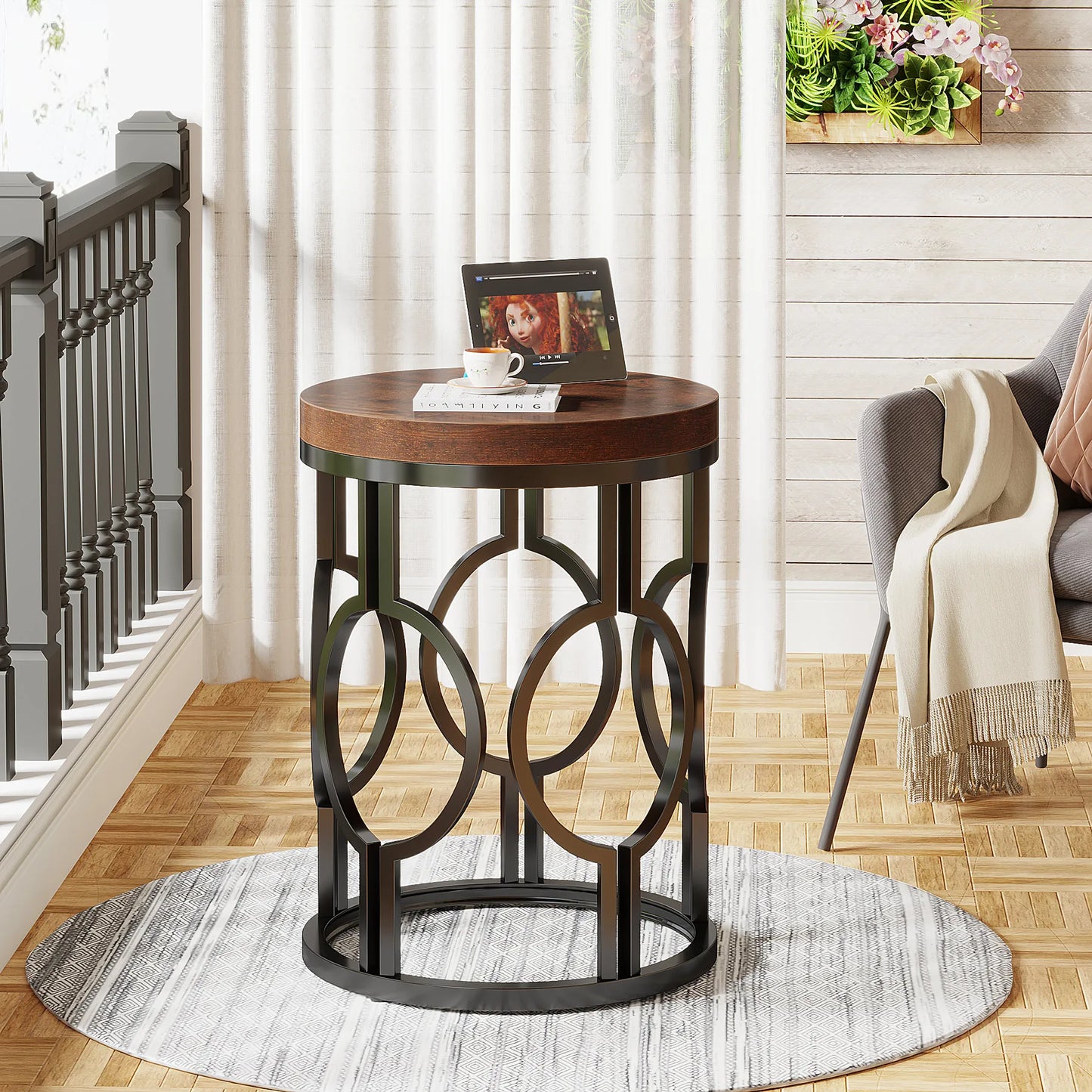 MonoWood Round End Table, Industrial SideTable with Metal Hollow Frame, Small Bedside Table Nightstand for Living Room