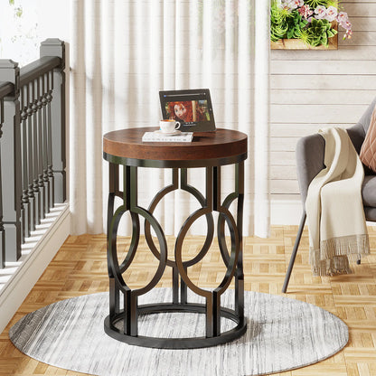 MonoWood Round End Table, Industrial SideTable with Metal Hollow Frame, Small Bedside Table Nightstand for Living Room