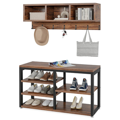 MonoWood Coat Rack Shoe Bench Set, Hall Tree with Shoe Bench, Industrial Shoe Rack Bench with Coat Rack, 3 Storage Cubbies