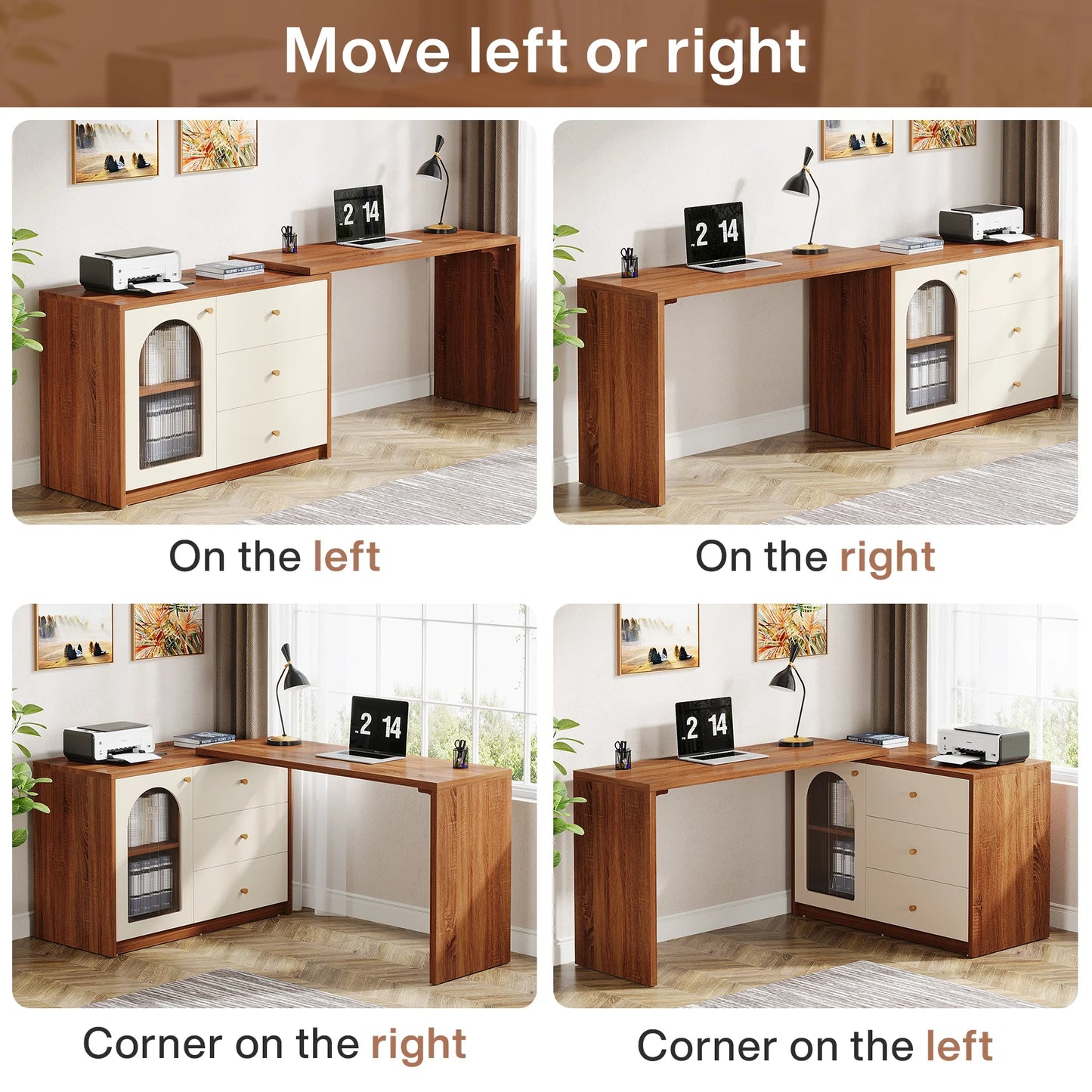 MonoWood L Shaped Computer Desk with Drawers, Modern Corner Home Office Desk with Reversible Storage Cabinet, Long Study Desk