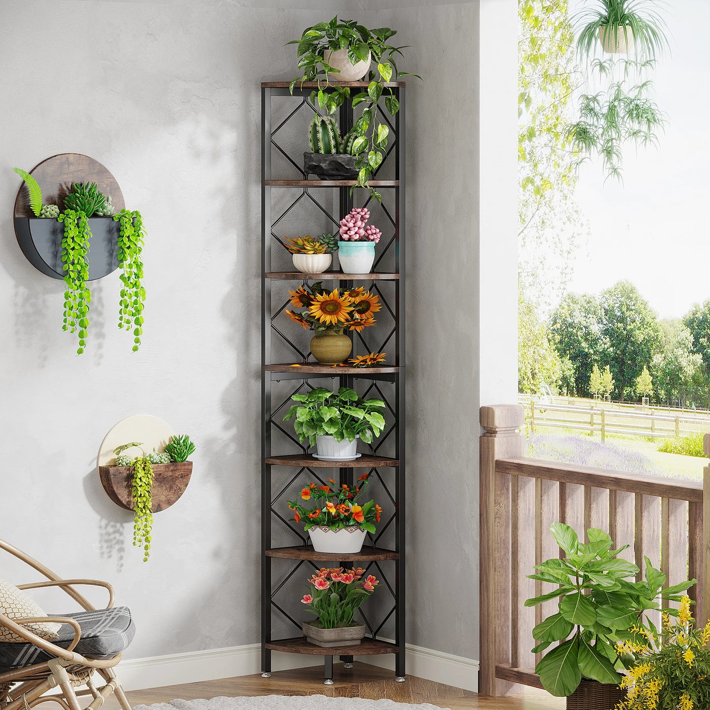 MonoWood 7-Tier Corner Shelf, 78.7” Extra Tall Corner Bookcase, Industrial Slim Corner Bookshelf for Small Narrow Space