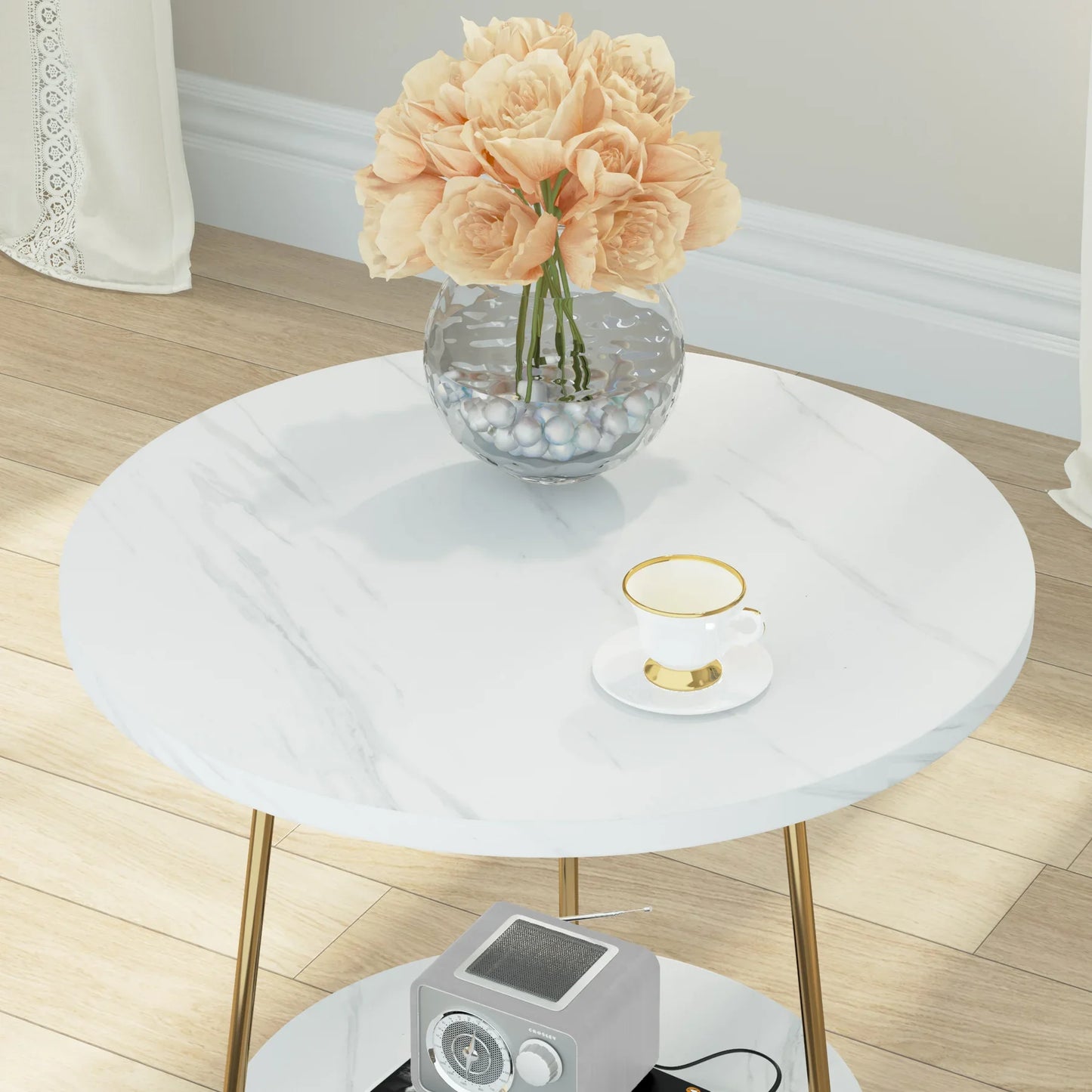 MonoWood 2 Tier Faux Marble End Table Round Side Table with Shelves Small Coffee Accent Table for Living Room, White and Gold