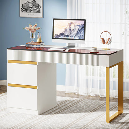 MonoWood Computer Desk with 4 Drawers, 47 Inch Modern Home Office Desk with Glass Top, White and Gold Writing Workstation Desk