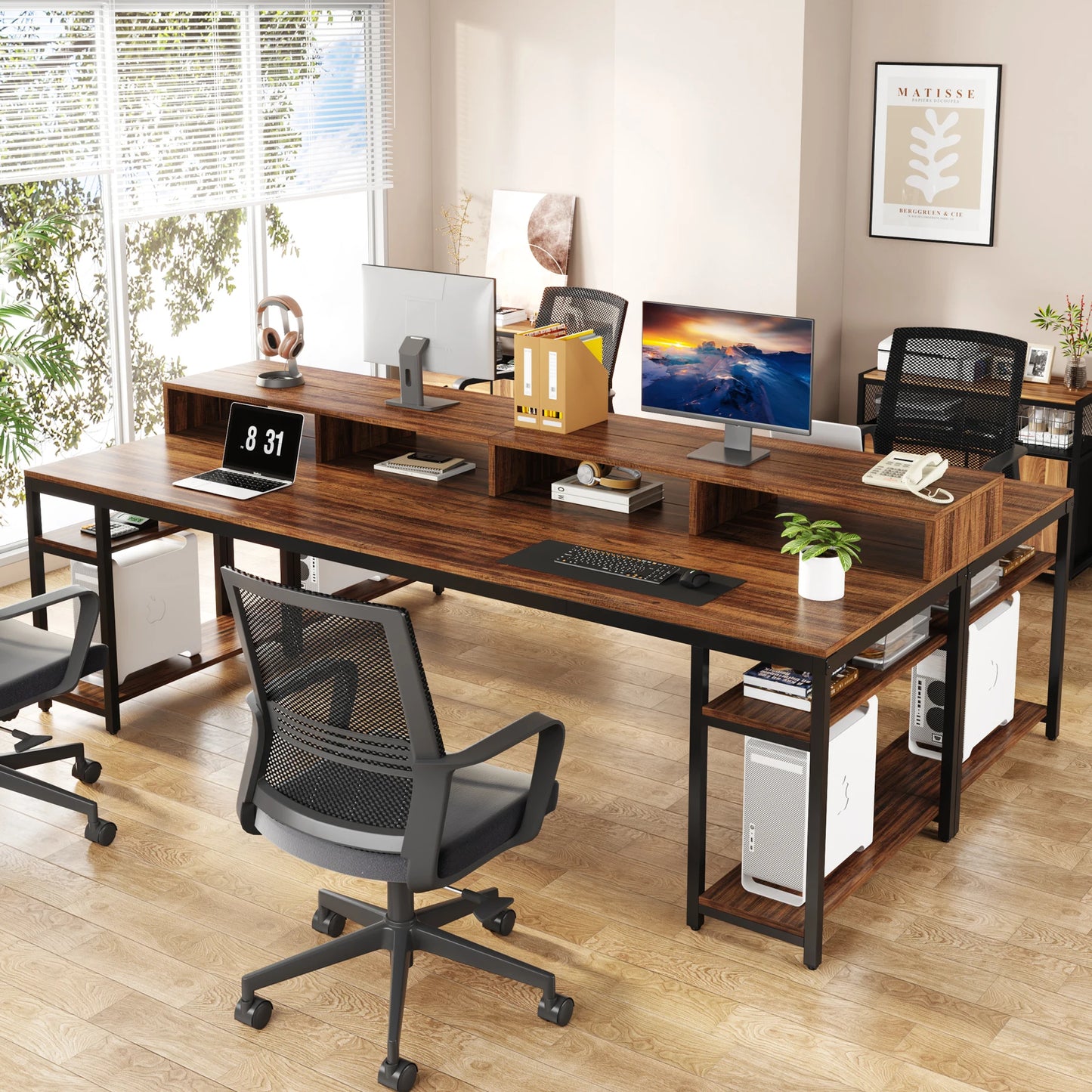 MonoWood 78.74 Inches Extra Long Two-Person Desk, Double Computer Desk with Monitor Stand and Storage Shelves, Work Table
