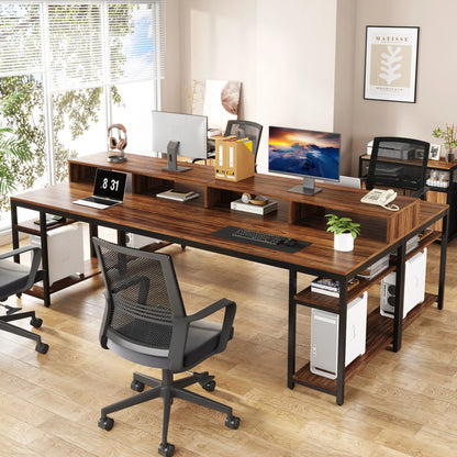 MonoWood 78.74 Inches Extra Long Two-Person Desk, Double Computer Desk with Monitor Stand and Storage Shelves, Work Table