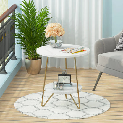 MonoWood 2 Tier Faux Marble End Table Round Side Table with Shelves Small Coffee Accent Table for Living Room, White and Gold